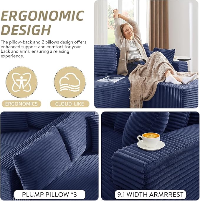 Modular Cloud Sectional Couch with L-Shape Chaise,Modern Upholstered Couches with Deep Seat,Corduroy Sponge Compressed Sofa for Living Room, Bedroom,No Assembly Required (Blue)