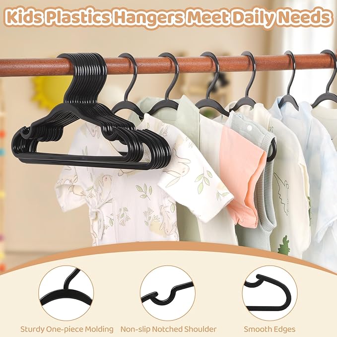 100 Pack Black Baby Hangers 11.42 Inch & 12.91 Inch Each 50 Pack - Kids Non-Slip Clothes Hangers for Infant & Child, Durable Plastic Children's Hangers for Closet, Pants, Coats, Skirts