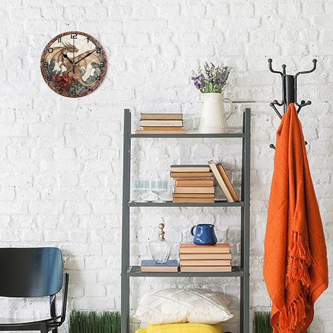 Bolaz Wall Clocks Decorative Bedroom Silent Living Room Desktop Dragon Flowers Tabletop Shelf Clocks Round Battery Operated 10 Inch Non-Ticking