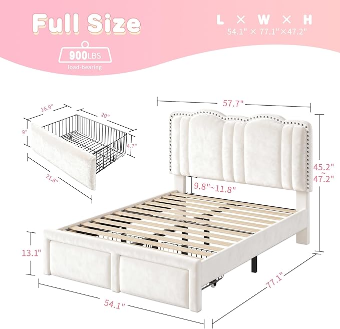 EnHomee Full Size Bed Frame with LED, Velvet Upholstered Headboard and 2 Drawers, Platform Bed Frame with Height Adjustable Headboard, Strong Support, No Box Spring Needed, Easy Assembly, Cream