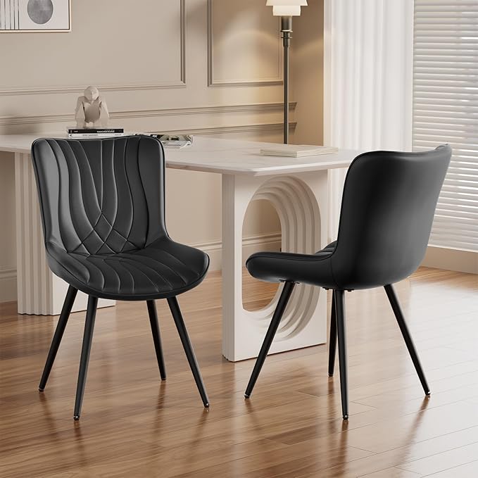 Dining Chair Set of 2 PU Leather Dining Room Chairs Upholstered Comfy Dining Chairs Modern Kitchen Armless Side Chair with Sturdy Metal Legs,Black