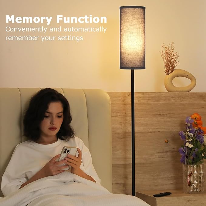 Ambimall 64'' Floor Lamps for Living Room with Remote Control and Stepless Dimmable Colors Temperature & Brightness, 9W Bulb Included(Black Lampshade & Black Pole)