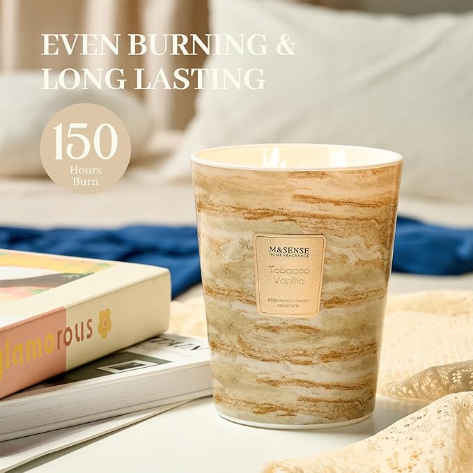 M&SENSE Extra Large Candle 35oz 150H TobaccoVanilla Scented Candle, 3 Wick Highly Scented Jar Candle, XL Candles Gift for Stress Relief, Meditation, Yoga