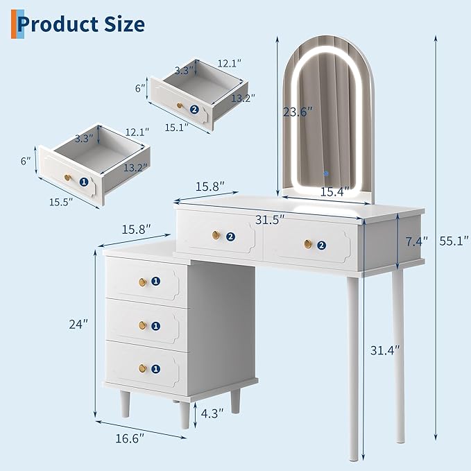Garvee Makeup Vanity Desk with Mirror and Lights, Modern White Vanity Table with 2 Drawers & Adjustable 3-Drawer Cabinet, Wood Dressing Table for Bedroom