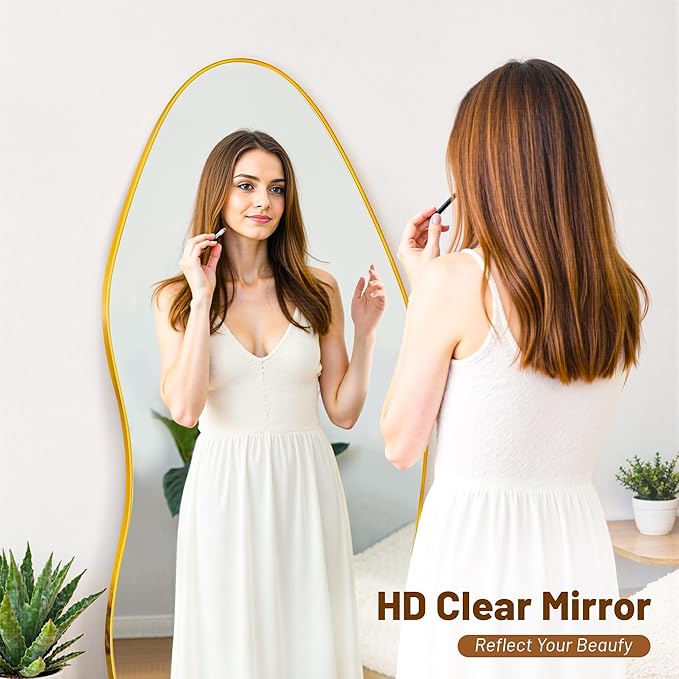 Antok Full Length Mirror, 81"x41" Floor Mirror with Stand, Standing Hanging Leaning Irregular Mirrors for Bedroom Living Room Entryway, Wavy Shaped, Golden