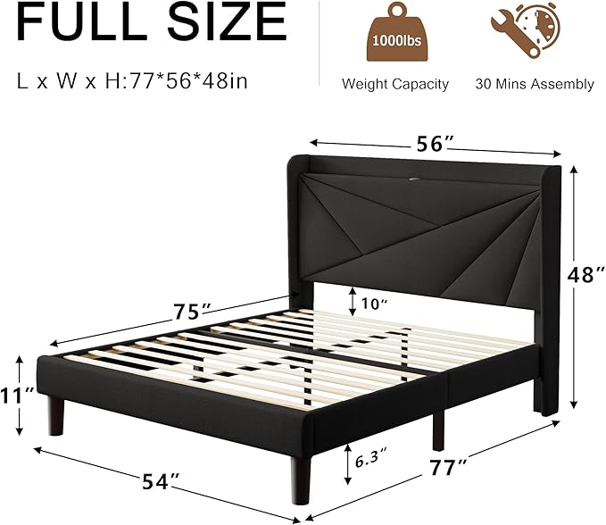 Full Size Upholstered Bed Frame with Charging Station, Platform Bed Frame with Storage Headboard, Solid Wood Slats Support, No Box Spring Needed, Black