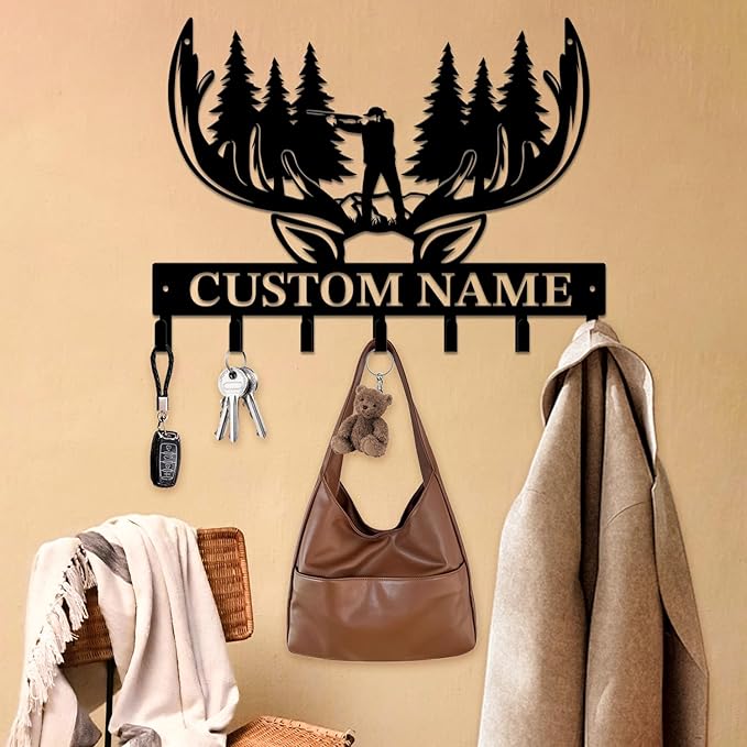 Personalized Custom Name Hunting Deer Wall Key Hooks,Metal Hunting Art Clothes Hooks,Metal Hunting Wall Home Storage Decorative,Hunter For Front Door, Hallway, Kitchen, Bedroom,Keys,Hats (Style L)