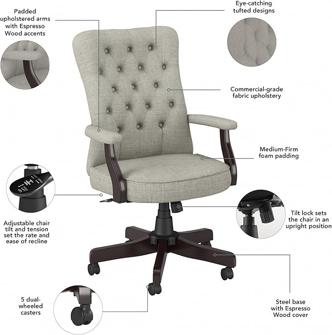 Bush Business Furniture Arden Lane High Back Tufted Office Chair with Arms in Light Gray Fabric