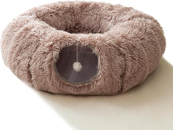 HIPIPET Winter Plush Cat Tunnel with Bed for Small Medium Large Cats, Multifunctional Cat Toys (Light Brown)