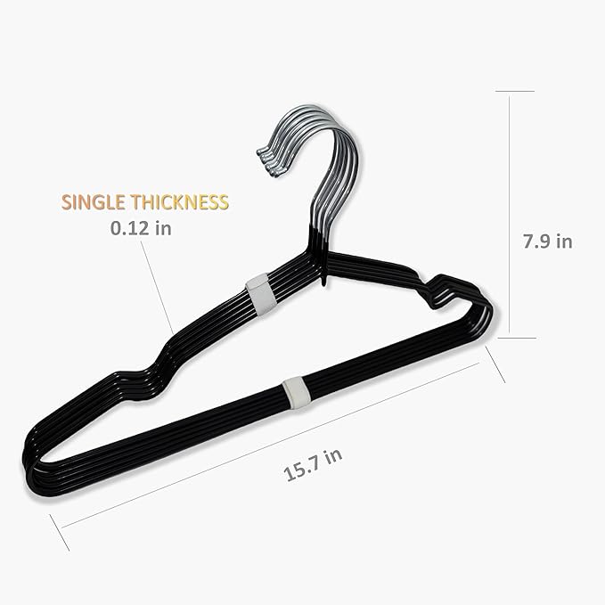 ‌Stainless Steel Heavy Duty Hangers - Non-Slip Rubber Coated, Space Saving Ultra Thin Design for Coats, Pants & Dresses (32 Pack, Black)