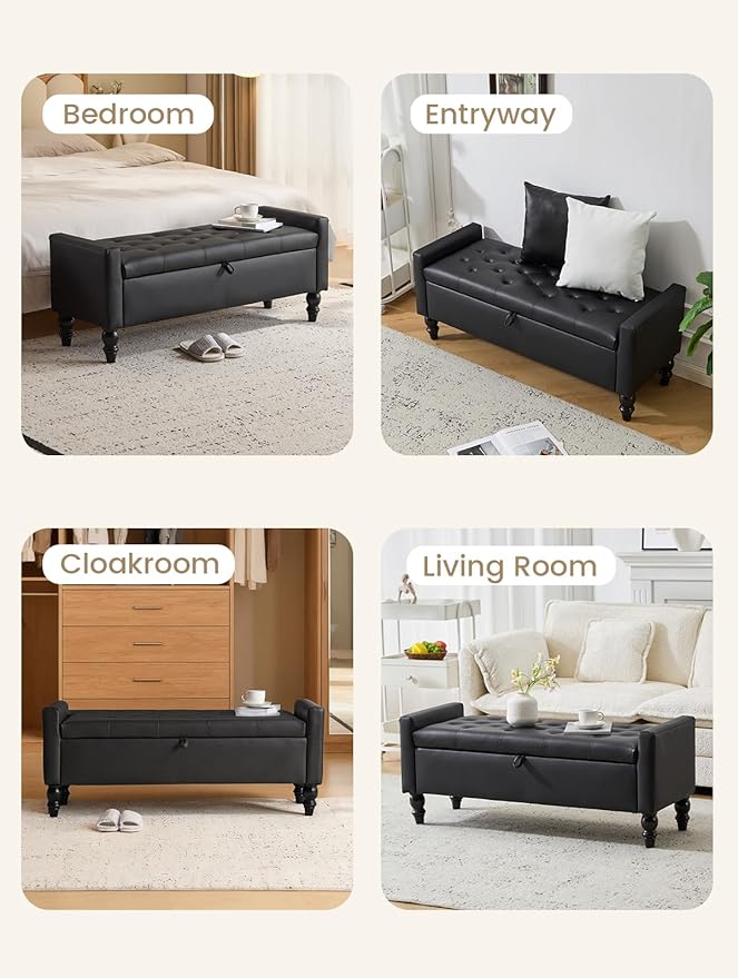 47" Storage Ottoman Bench, End of Bed Bench for Bedroom, Leather Upholstered Ottoman with Storage for Living Room, Entryway, Window (Black)
