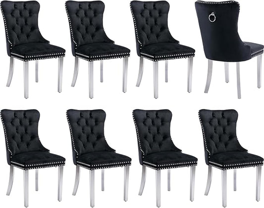 Luxury Upholstered Dining Chairs Set of 8, Black Kitchen Chair with Silver Metal Legs, Velvet Tufted Back Dining Chair, Sillas de Comedor, Modern Kitchen & Dining Room Chairs (Black, 8 Pcs)