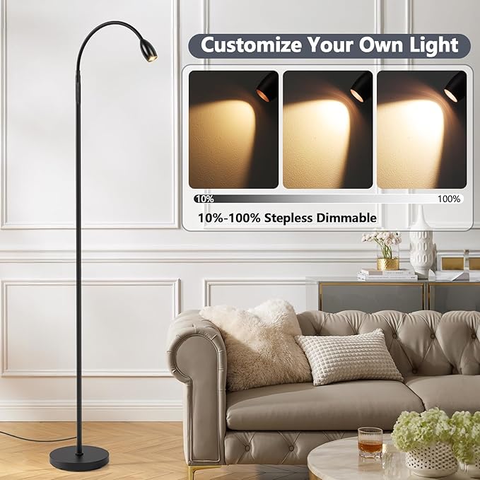 Reading Floor Lamp, 72" Tall LED Lamp with Flexible Gooseneck, Dimmable Zoomable Spotlight, Adjustable Color Beam Standing Lamp, Touch & Remote Control, Task Craft Bedroom Living Room, Matte Black