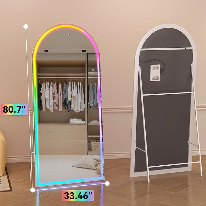 Hasipu 80.7" x 33.4" Arch LED RGB Bluetooth Full Length Mirror with Stand ＆ 7 Color Lighting Modes, Full Body Mirror with White Frame for Bedroom, Living Room, Dressing Room