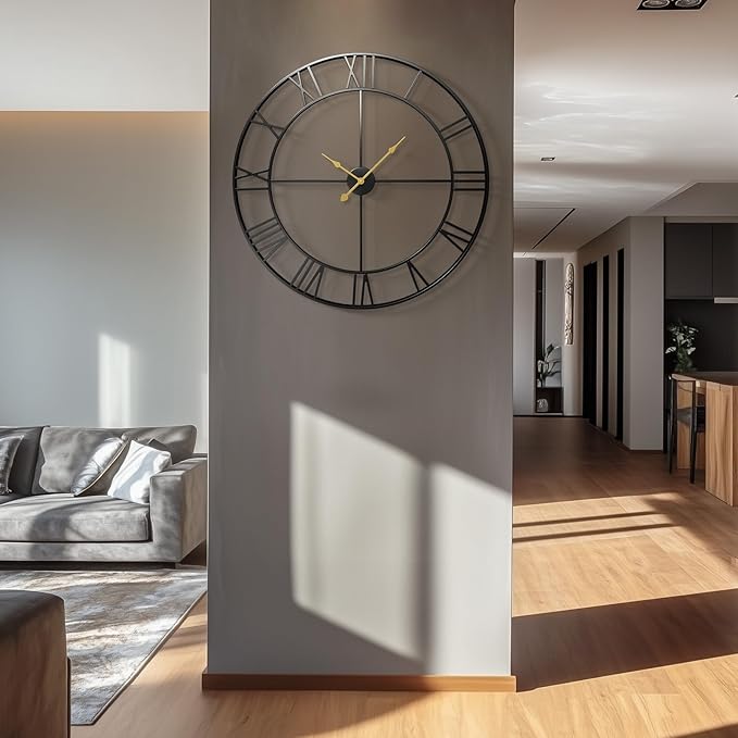 Cuspin Large Wall Clock for Living Room Mantel Decor, 36 Inch Wall Clock Battery Operated, Metal Round Roman Numeral Big Black Clock for Bedroom, Home, Kitchen, Office, Wall Decor