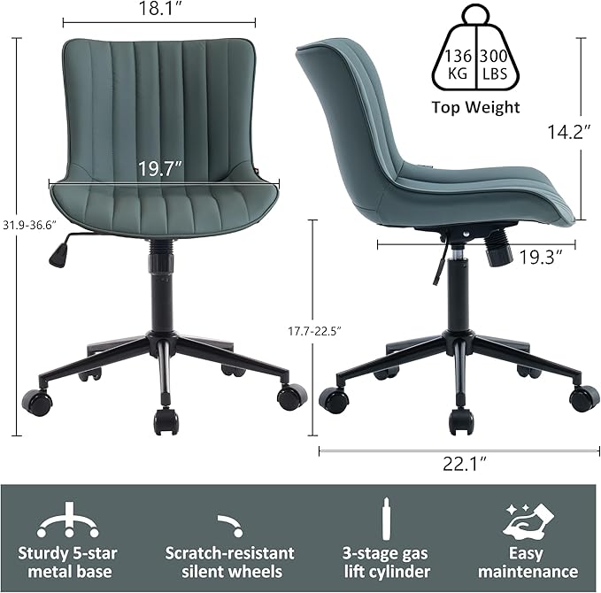 Kidol & Shellder Leather Home Office Desk Chair with Wheels Modern Cute Armless Executive Swivel Vanity Chair with Comfy Back Ergonomic Rolling Adjustable Computer Task Chair Small Greyish Green