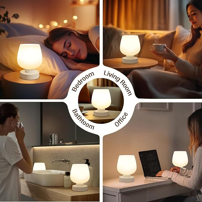 Seealle Touch Bedside Table Lamp Set of 2 - Small Bedside Lamp for Bedroom Living Room Night Stands, Desk Lamp with White Glass Shade for Small Spaces, 3 Way Dimmable, LED Bulbs, Gifts