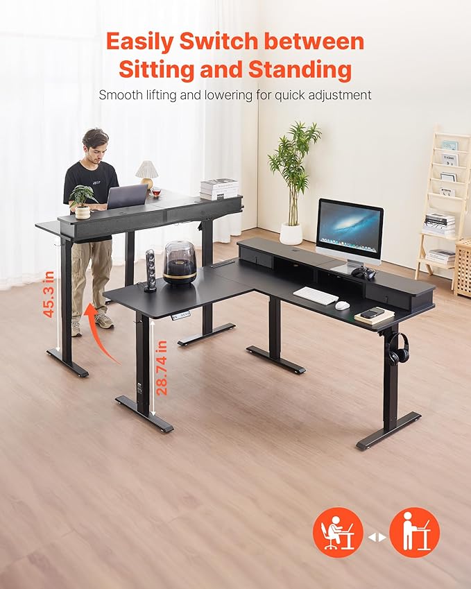 VEVOR L Shaped Electric Standing Desk with 2 Drawers, 63 x 55 inch Adjustable Height Corner Desk with Storage, Sit Stand up Computer Table with Light Strips for Office Home, Easy to Assemble, Black