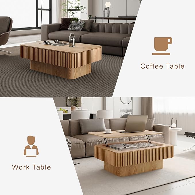 38.6" Lift Top Fluted Coffee Table with Storage, Rectangle Coffee Table with Solid Wood Veneered, Modern Wooden Center Table, Accent Tea Table for Living Room Apartment, Natural