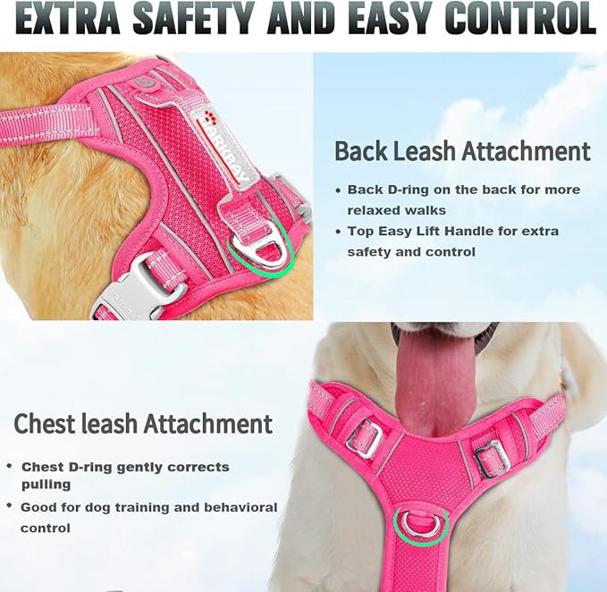 BARKBAY No Pull Dog Harness Large Reflective Dog Harness with Front Clip and Easy Control Handle for Walking Training Running with ID tag Pocket(Pink,L)