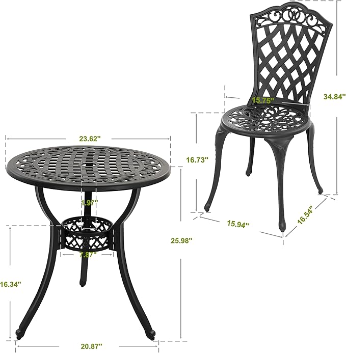 NUU GARDEN 3-Piece Patio Bistro Set Outdoor Cast Aluminum Bistro Table and Chairs Set of 2, Outdoor Patio Bistro Set with Umbrella Hole for Patio Balcony, Black