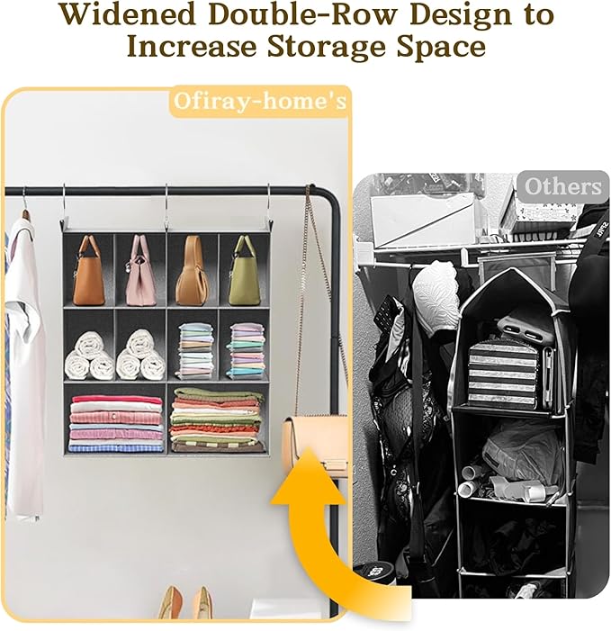 Ofiray-home 3 Tier Hanging Closet Organizer, 10 Compartments Sweater Organizer for Closet with 3 Sturdy Hooks, Closet Organizers and Storage, Wardrobe, Rv, Garment Rack, Grey