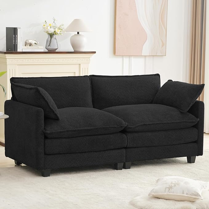ROWHY Modular Loveseat Sectional Sofa, 78" Upholstered Loveseat, 2 Deep Seat Sofa Couch with 2 Throw Pillows for Small Space, Modern Comfy Cloud Couch for Living Room, Chenille, Black