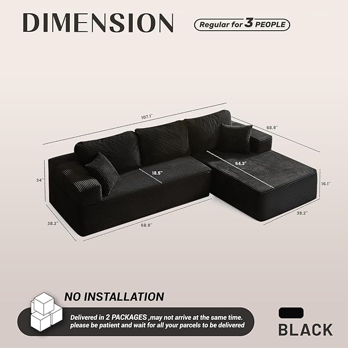 107" Boneless Couch with Deep Seat, Modular Sectional Sofa, Cloud Sectional Couch for Living Room, No Assembly Required, Corduroy, L-Shape Right?Black