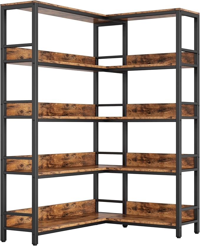 IRONCK Corner Bookshelf 5 Tiers, Industrial Corner Bookcase with Baffles Etagere, L Shaped Bookshelves with Metal Frame, Corner Shelf Storage Rack for Living Room Home Office