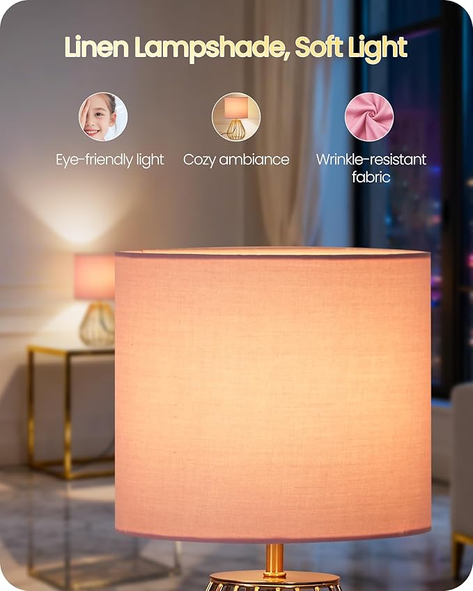 Pink and Gold Table Lamp, Small Bedside Lamp with Metal Base & Pink Linen Lampshade, Modern Nightstand Lamp, Little Cute Desk Lamp for Girl Kid's Room, 2700K LED Bulb Included, DP06TL05