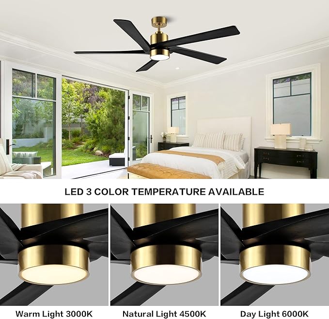 WINGBO 72" DC Ceiling Fan with Lights and 3 Downrods, 5 Carved Wood Blades, 6-Speed Reversible DC Motor, Large Ceiling Fan in Brass Finish with Black Blades, ETL Listed