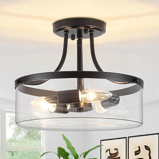11.81" Black Semi Flush Mount Ceiling Light, Modern Glass Light Fixture, Industrial Hallway Light, 3-Light Close to Ceiling Light Fixtures for Entryway Bedroom Kitchen Laundry Dining Room, UL Listed