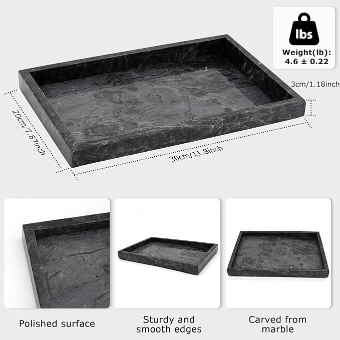 Marble Bathroom Tray,Pure Natural Vanity Tray,Marble Trays for Kitchen Counter Non-Ceramic/Non-Resin,Stone Tray 12 x 8 inch (Black) ﻿