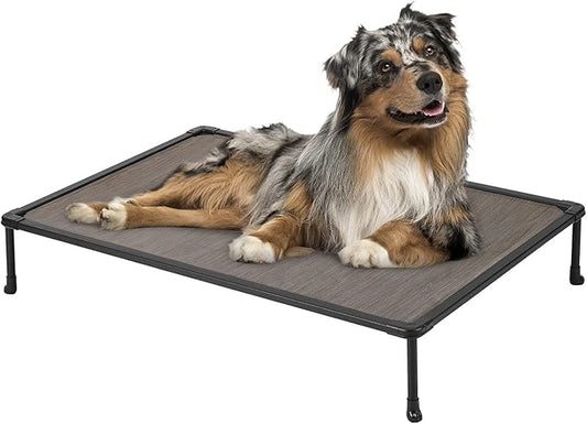 Veehoo Chewproof Elevated Dog Bed - Cooling Raised Pet Cot, Breathable Mesh, Washable & Non-Slip for Medium Dogs, Indoor/Outdoor, Brown Mat and Black Frame, 32x25inches (Model CWC2203A03)