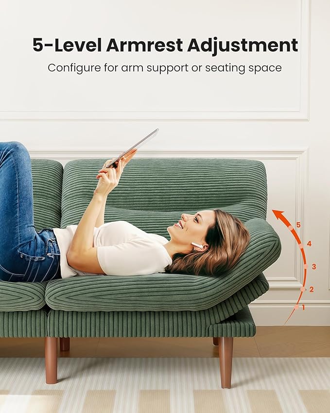 Amada 75" Convertible Futon Sofa Bed, Corduroy Folding Futon Set with Adjustable Backrest &Armrests, Recliner Lounge for Living Room, Apartment or Office, Solid Wood Frame, Loveseat Sofa -Forest Green