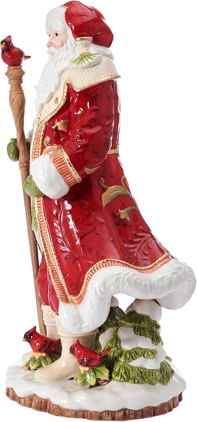 Fitz and Floyd Poinsettia Holiday Santa Clause with Staff Cardinal Bird Ceramic Figurine, Christmas Collectible Décor, 17.5 Inch