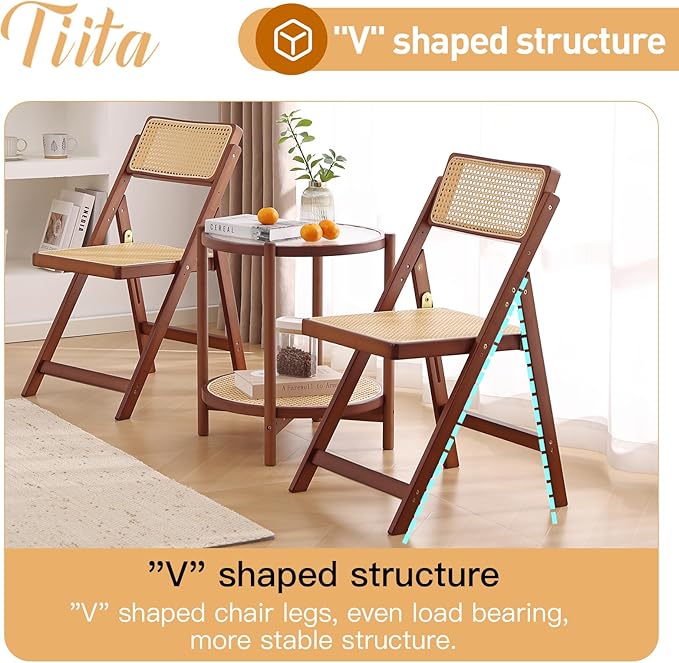 Tiita Rattan Dining Chairs Set of 2, Mid Century Modern Folding Chair, Bamboo Folding Dining Chairs for Small Space, Dining Room, Living Room, Bedroom, Walnut
