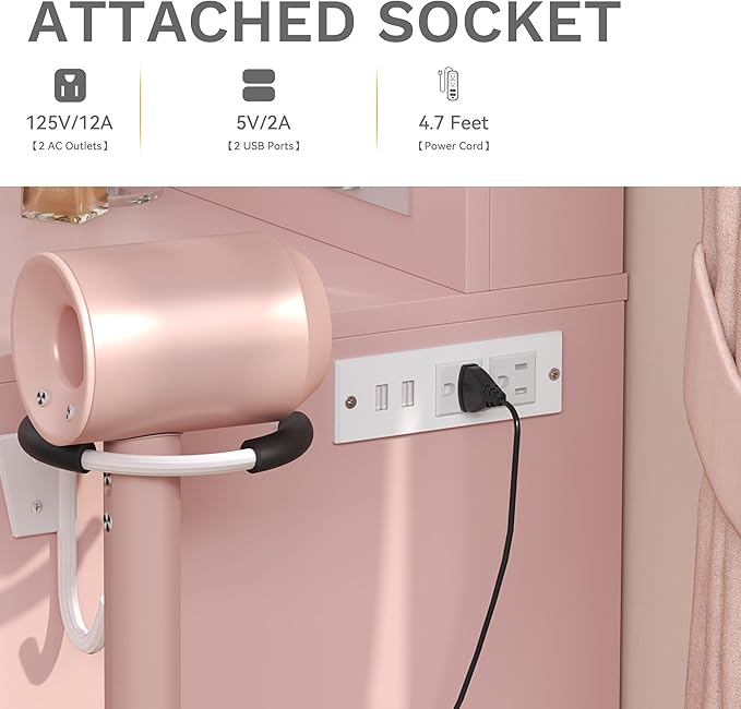 DWVO Vanity Desk with Large Mirror and Lights, Makeup Vanity Set with 11 LED Bulbs and Power Outlet, 4 Storage Drawer, Dressing Table with 3-Color Adjustable Lighting, Vanity Stool, Pale Pink