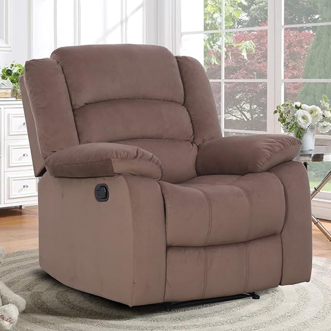 ANJ Fabric Recliner Chair with Overstuffed Arm and Back, Comfy Chocolate Manual Reclining Chairs for Adults, Living Room Single Sofa Recliners