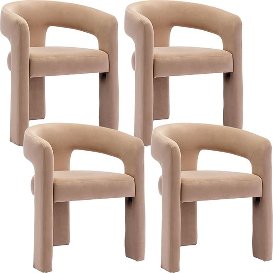 Set of 4 Modern Velvet Fabric Upholstered Dining Chairs with Open-Back, Cute Barrel Side Chairs Kitchen Armchair Accent Chairs for Dining Room Bedroom, Khaki