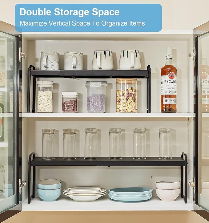 2 Pack Expandable Cabinet Countertop Shelves, Stackable Shelves Organizers For Kitchen Cabinet Countertop Storage, Adjustable Counter Cupboard Pantry Organizer Shelf Rack Stand, Length:20.5"
