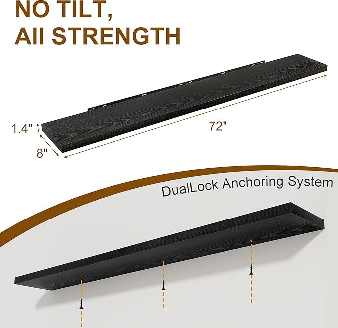 72 Inch Floating Shelves 2 Pack, 8 Inch Deep Floating Shelf Wall Mounted, Large Shelves with Invisible Bracket for Books|Storage, Rustic Wood Wall Shelf for Bedroom, Kitchen, Living Room, Black