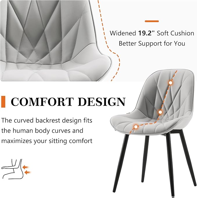 Rowill Dining Chairs Set of 2 - Modern Kitchen Chairs with Soft Backrest, Sturdy Metal Legs & Non-Slip Pads, Suitable for Home Kitchen, Faux Leather Upholstered Seats for Dining Room, Grey