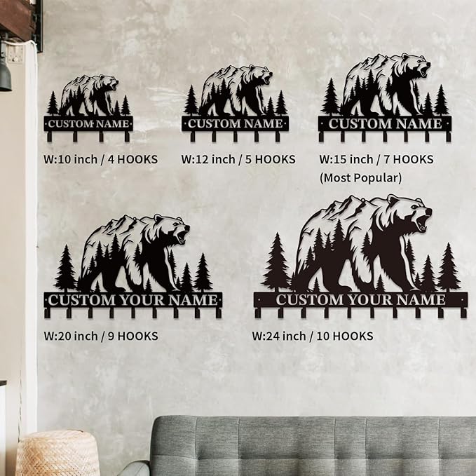 Personalized Custom Name Bear Key Wall Hooks,Metal Bear Keys Clothes Hooks,Metal Bear Wall Home Storage Decorative,For Front Door, Hallway, Kitchen, Bedroom,Keys,Hats (Style A)