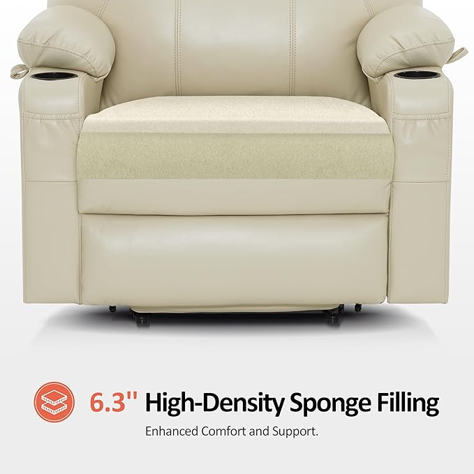 MCombo Extra Wide Power Lift Recliner Chair for Elderly, Lift Chair with Heat and Massage for Big People, USB&Type C Ports, Cup Holders, Faux Leather R7045 (Cream White, Medium-Wide)