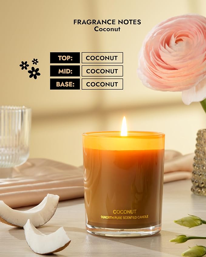 96NORTH | Pure Coconut Candle | 100% Natural Soy Wax | One Wick Jar Candle | Natural Fragrance Technology | Non Toxic | Up to 35 Hours Burning Time | Aromatherapy Gift for Men and Women