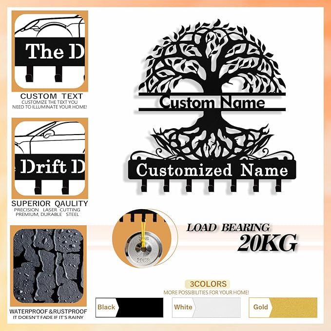 Personalized Tree of Life Key Holder Wall Mount, Custom Metal Key Holder for Wall with Name, Custom Keys Rack Hanger with Hooks for Entryway, Front Door, Hallway, Living Room, Kitchen