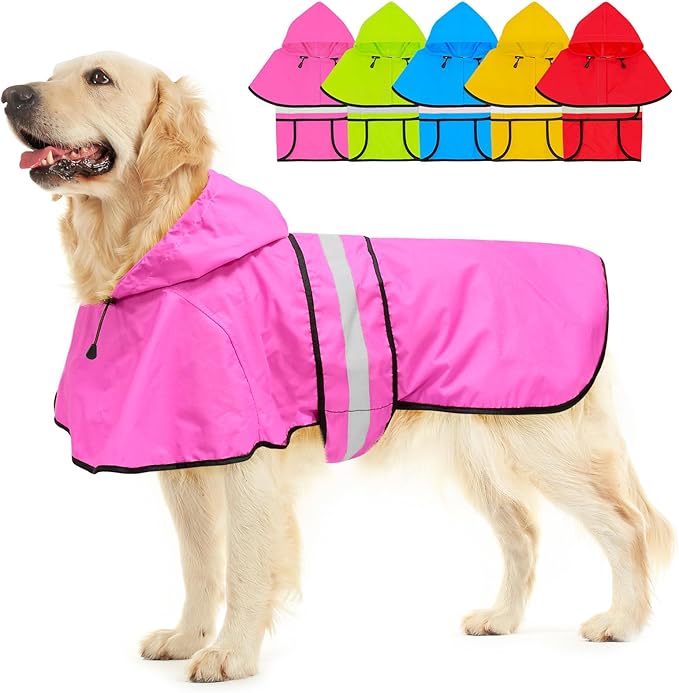 Dog Raincoat - Reflective Dog Rain Jacket, Waterproof Hooded Pet Rain Coat with Harness Hole, Lightweight Adjustable Doggie Slicker Poncho for Walking (XX-Large, Pink)