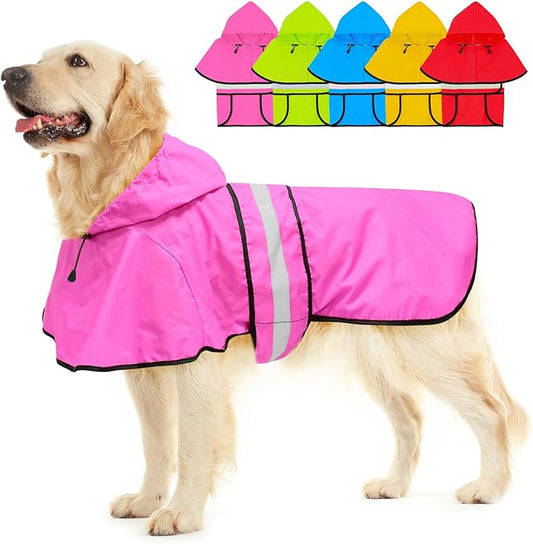 Waterproof Dog Raincoat - Reflective Dog Rain Jacket with Hood Lightweight Pet Rain Coat for Dogs(Large, Pink)