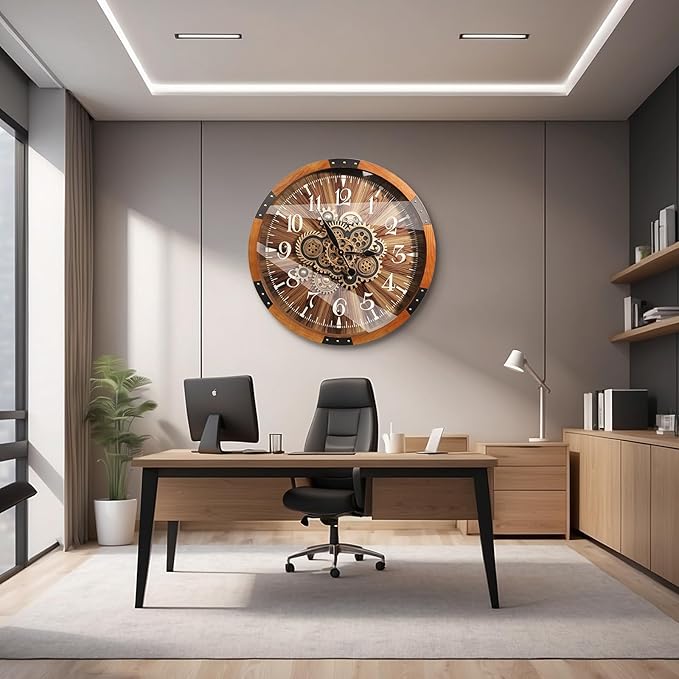 Wall Clocks for Living Room Decor, Large Real Moving Gears Clock, Vintage Industrial Oversized Rustic Farmhouse Kitchen Office Fireplace Wall Decor (Brown, 27 inch)